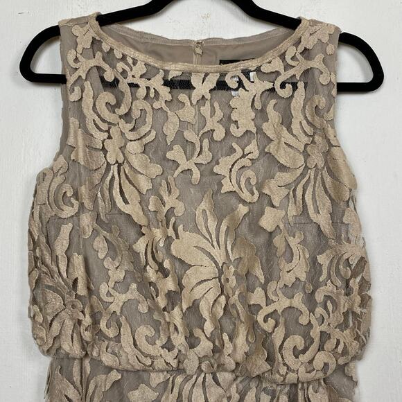 Tadashi Shoji Women's Lace Overlay Blouson Cocktail Dress Taupe Sand Size 4 - Picture 2 of 12
